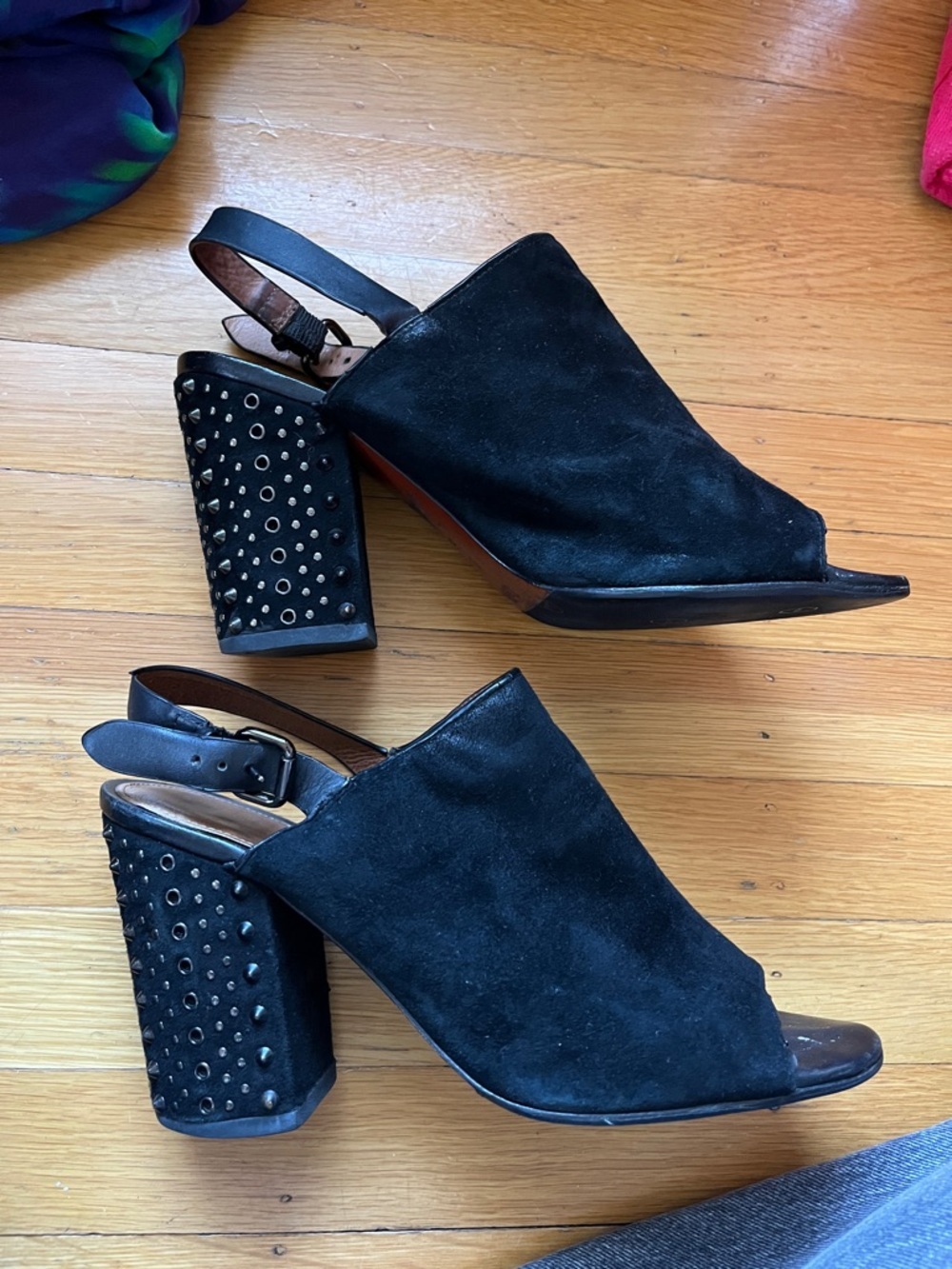 Coach Drew Lux black suede slingback heels studded block 9.5 peep toe buttery